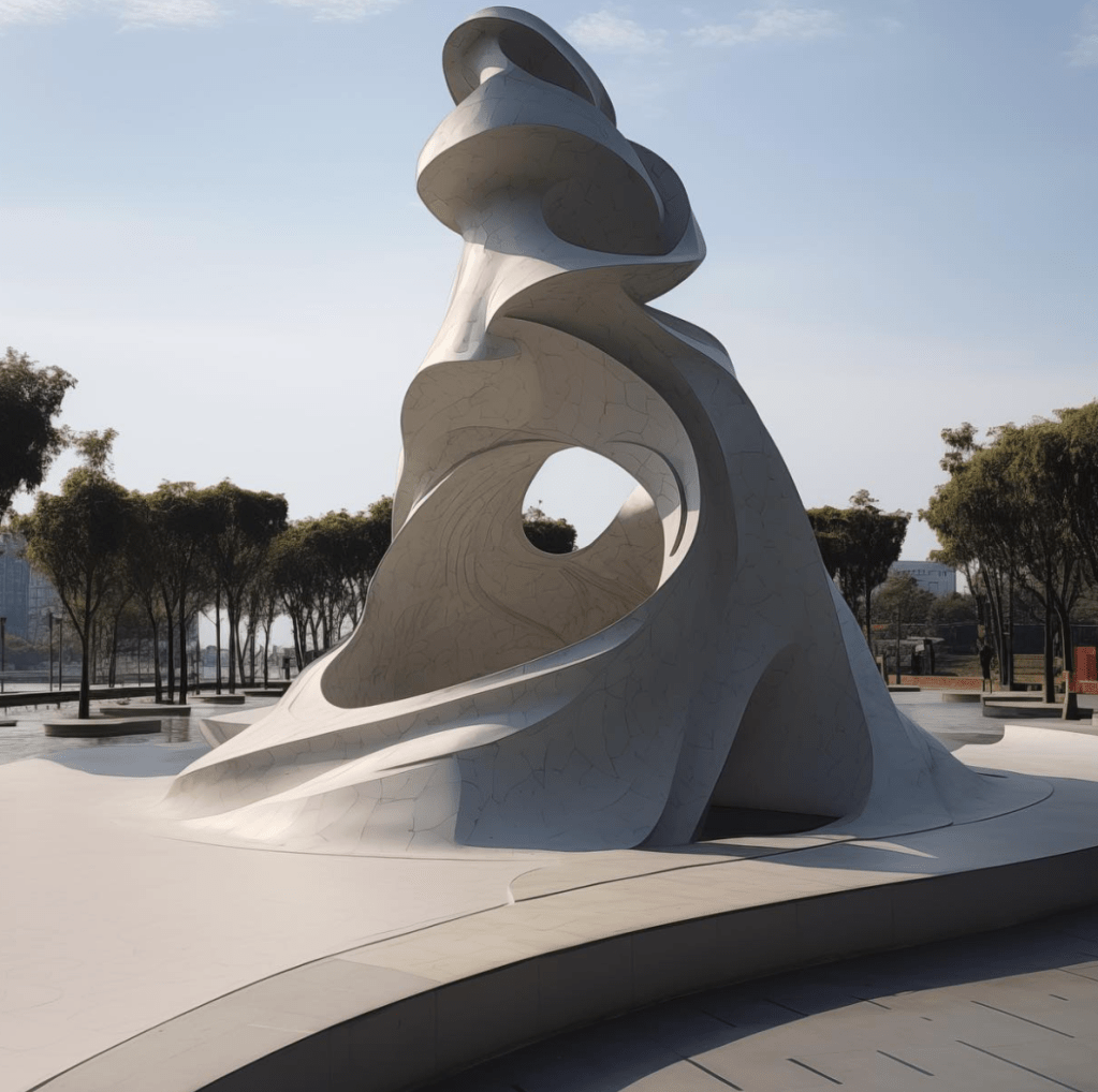 Curvy shaped large sculpture concept design, tall and circular.
