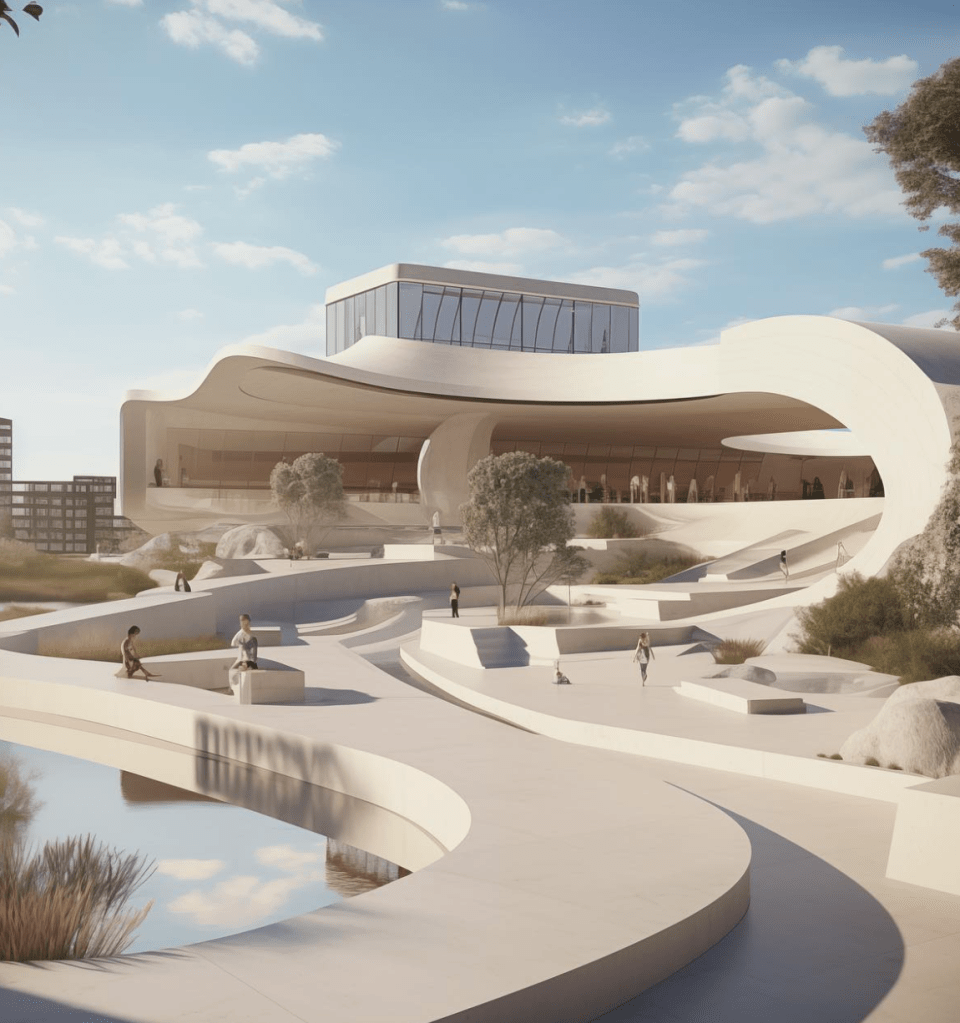 Concept or AI design of large plaza and building with ledges, stairs and curved areas that might be skateable